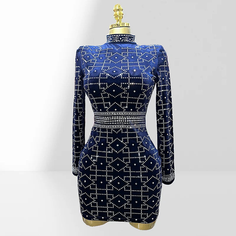 2025 New Dark Blue Velvet Luxury Diamonds O-neck  Tuck Waist Mini Dress Fashion Woman Party Dress Celebration Birthday Vestido