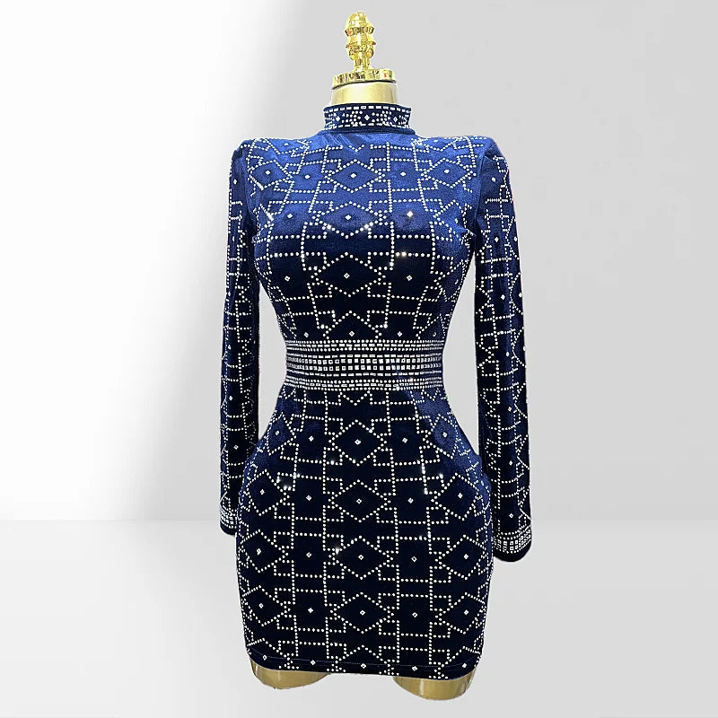 2025 New Dark Blue Velvet Luxury Diamonds O-neck  Tuck Waist Mini Dress Fashion Woman Party Dress Celebration Birthday Vestido