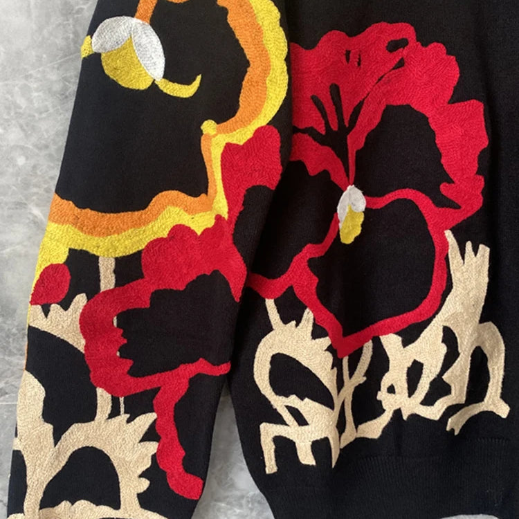 Black Floral Embroidery Pullover Women Boho Long Sleeve O Neck Autumn Winter Jumper Top Loose Knitted Sweaters