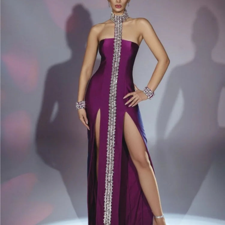 Purple Black Sparkly Crystal Women Sexy Off the Shoulder Halter Bodycon Long Bandage Dress Elegant Evening Party Prom Dress