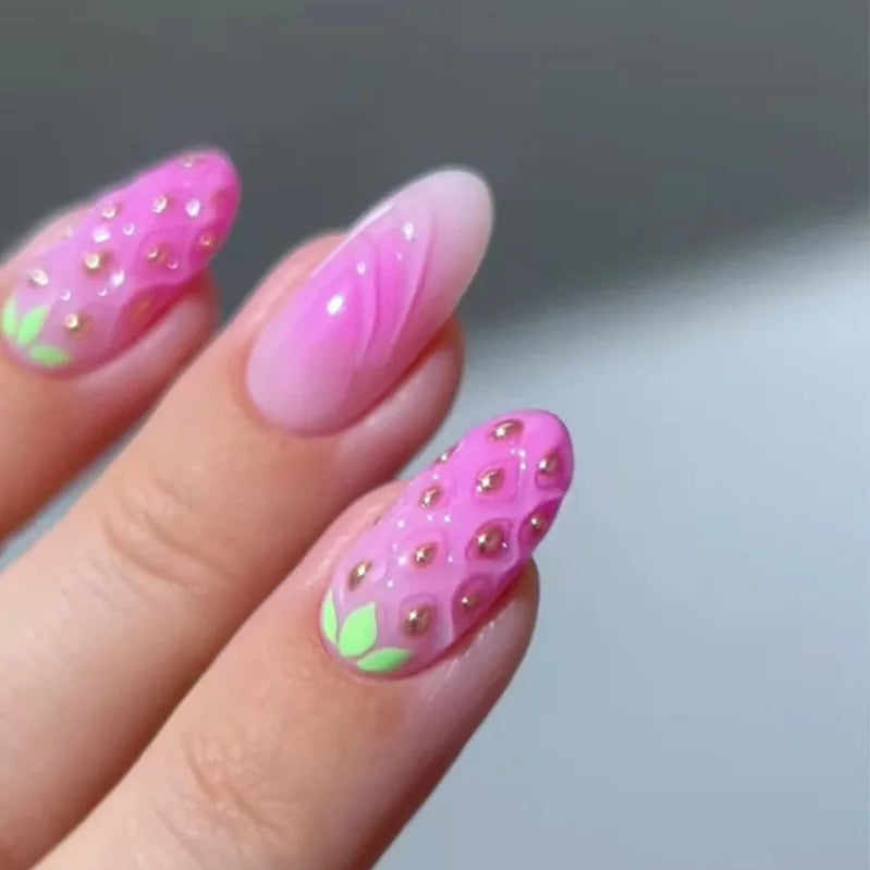24pcs Finished Fake Nails Set Wearable Pink Long Almond False Nail Watermelon Pattern Design Press on Nails Tips Flower Manicure