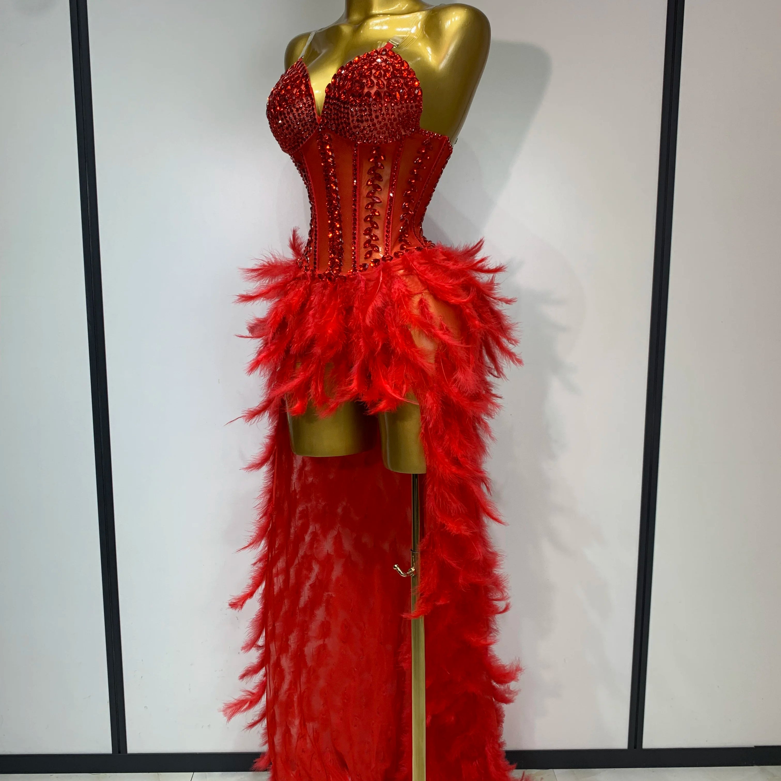 Sparkly Rhinestones Bodysuit Feathers Long Tail Dress Sexy Mesh Transparent Evening Party Celebrate Birthday Dress Stage Outfit