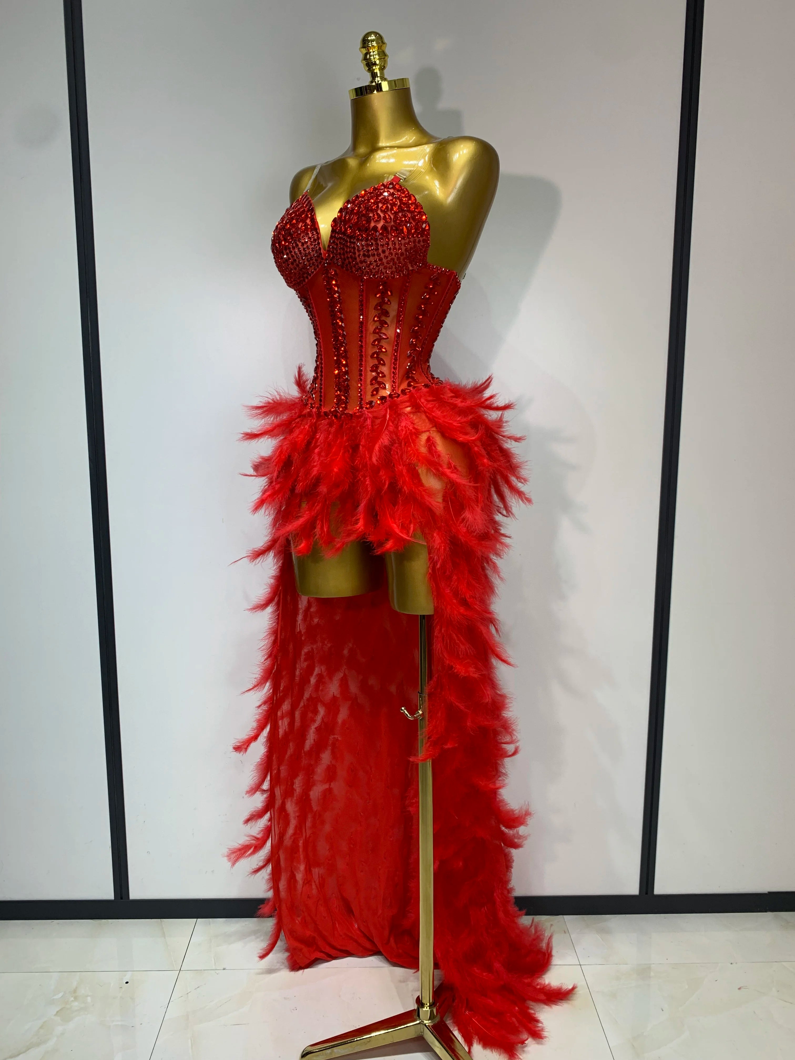 Sparkly Rhinestones Bodysuit Feathers Long Tail Dress Sexy Mesh Transparent Evening Party Celebrate Birthday Dress Stage Outfit