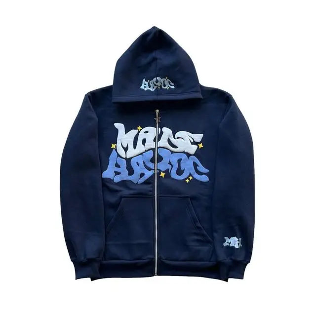 New Halloween Street Plus Loose Pink Printed Zipper Hoodie Hip Hop Fashion Friends Party Dress Y2K Clothes Blue