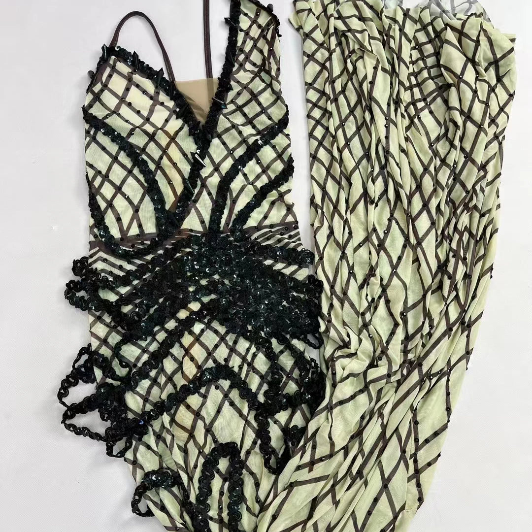 Black Sequins Grid Floor-length Dress for Women Luxury Dinners Deep V Neck Ball Dress Club Celebrate Party Strap Dress Kunsuo