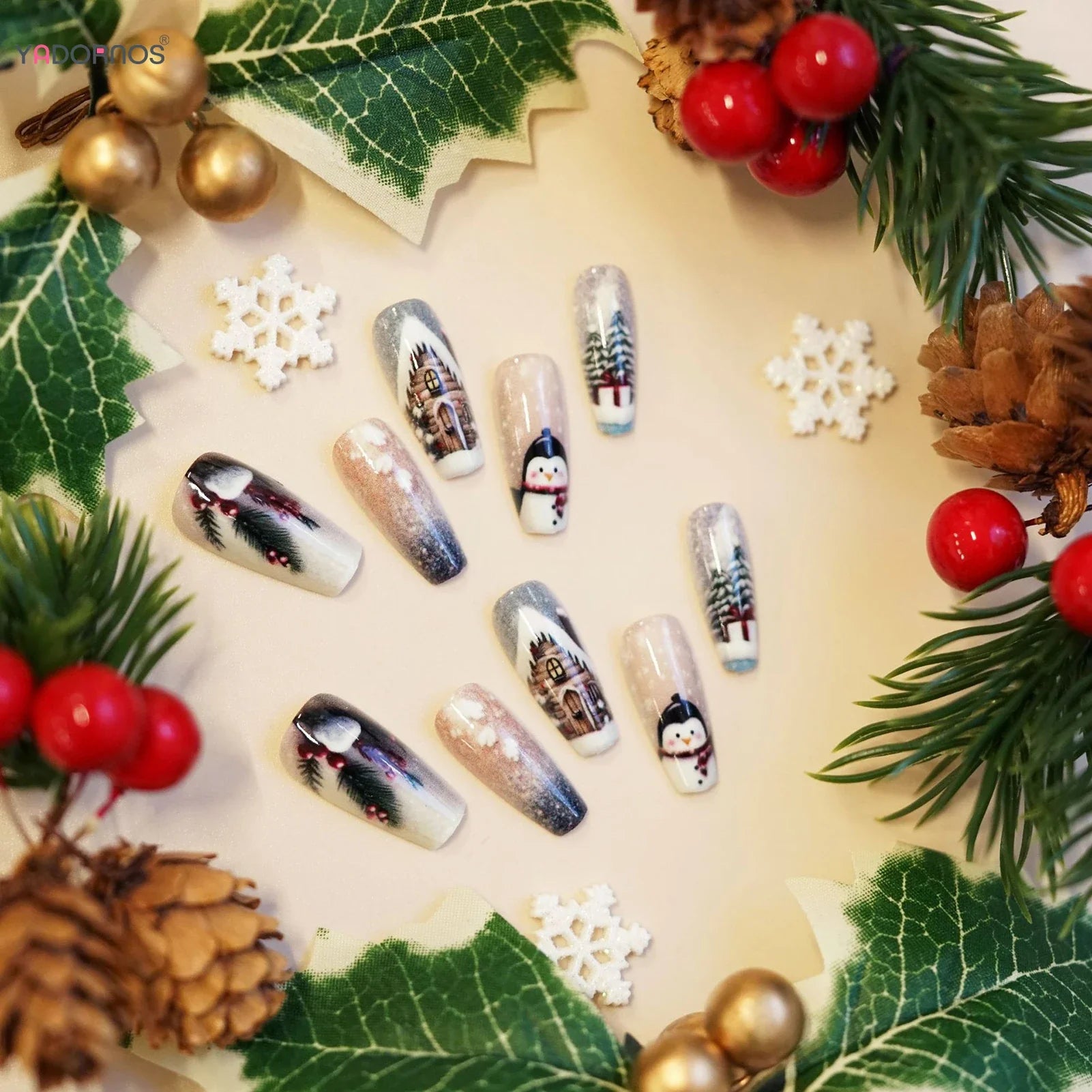 30Pcs Christmas Fake Nails With Penguin/Snowflake/Xmas Tree Designs Ballerina Press On Nails Women  Year Party False Nails