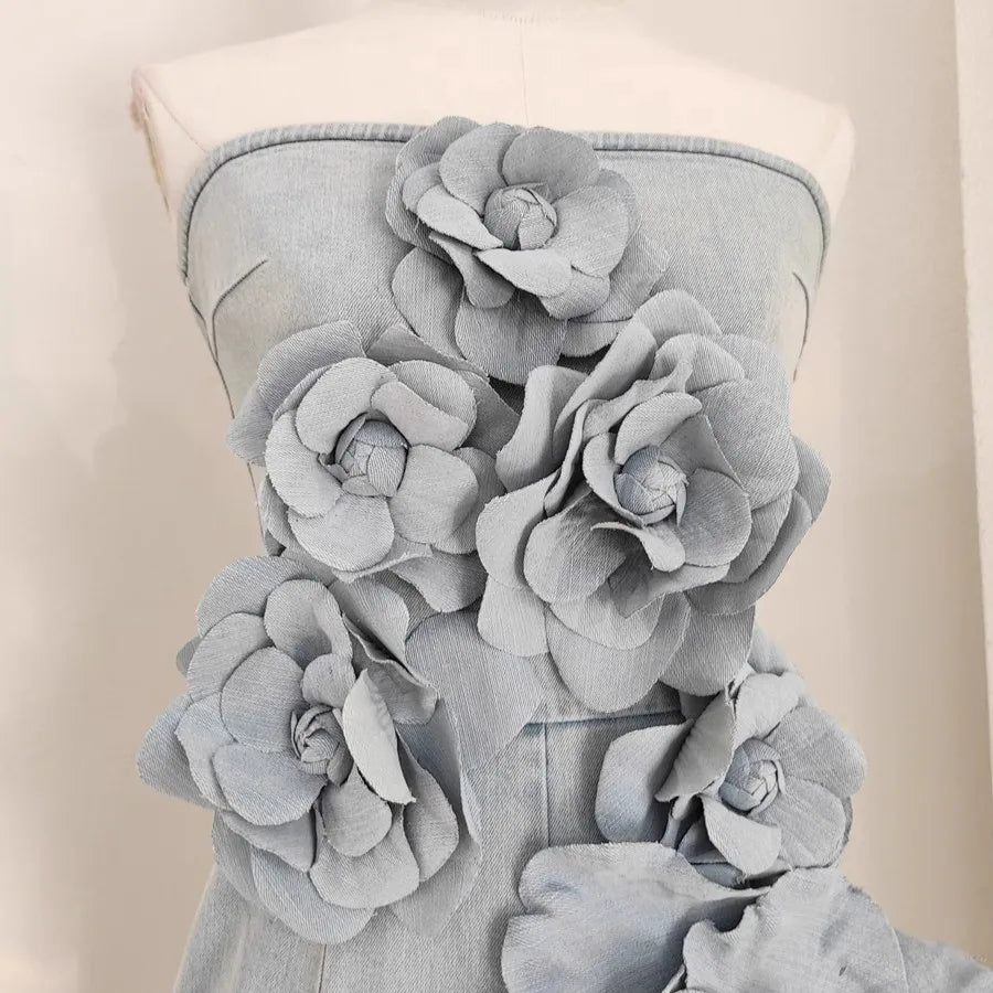 3D Appliques Flower Strapless Demin Jumpsuits For Women Off Shoulder Sleevelss Solid Color High Waist Full Length Overalls