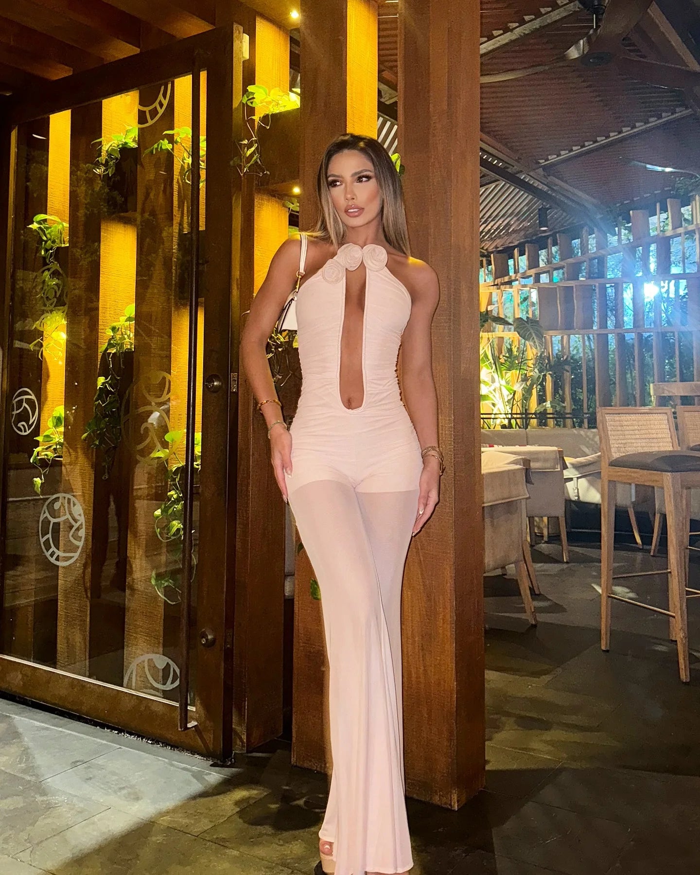 Red Khaki Color Women Sexy Strapless Florals Deep V-Neck Bodycon Jumpsuit Nightclub Party Celebrate Birthday Vacation Jumpsuit