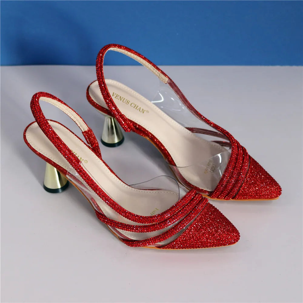Italian Shoes Women Luxury Rhinestone Crystal Pumps Fashion Slippers Sandals Party High Heels Wedding Shoes Bride Red