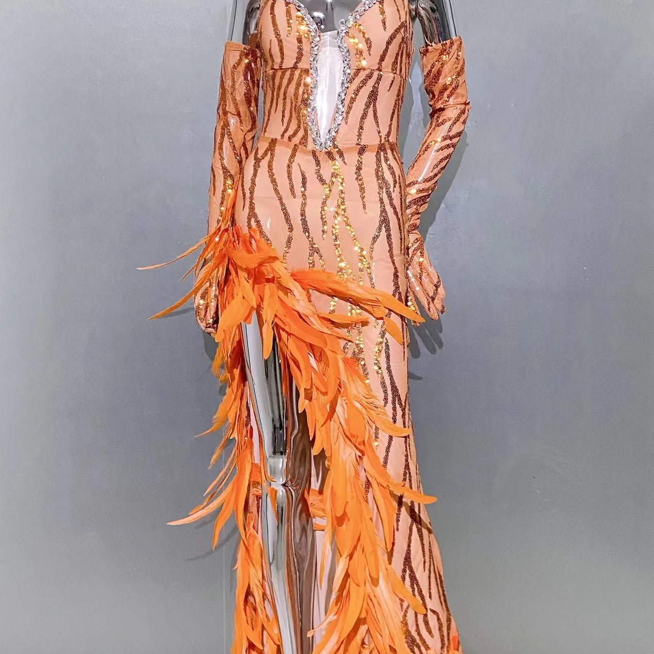 Women Luxury Sexy V Neck Feather Beading Mesh Sequins Sparkly Maxi Long Gowns Dress Elegant Celebrity Evening Party Club Dress