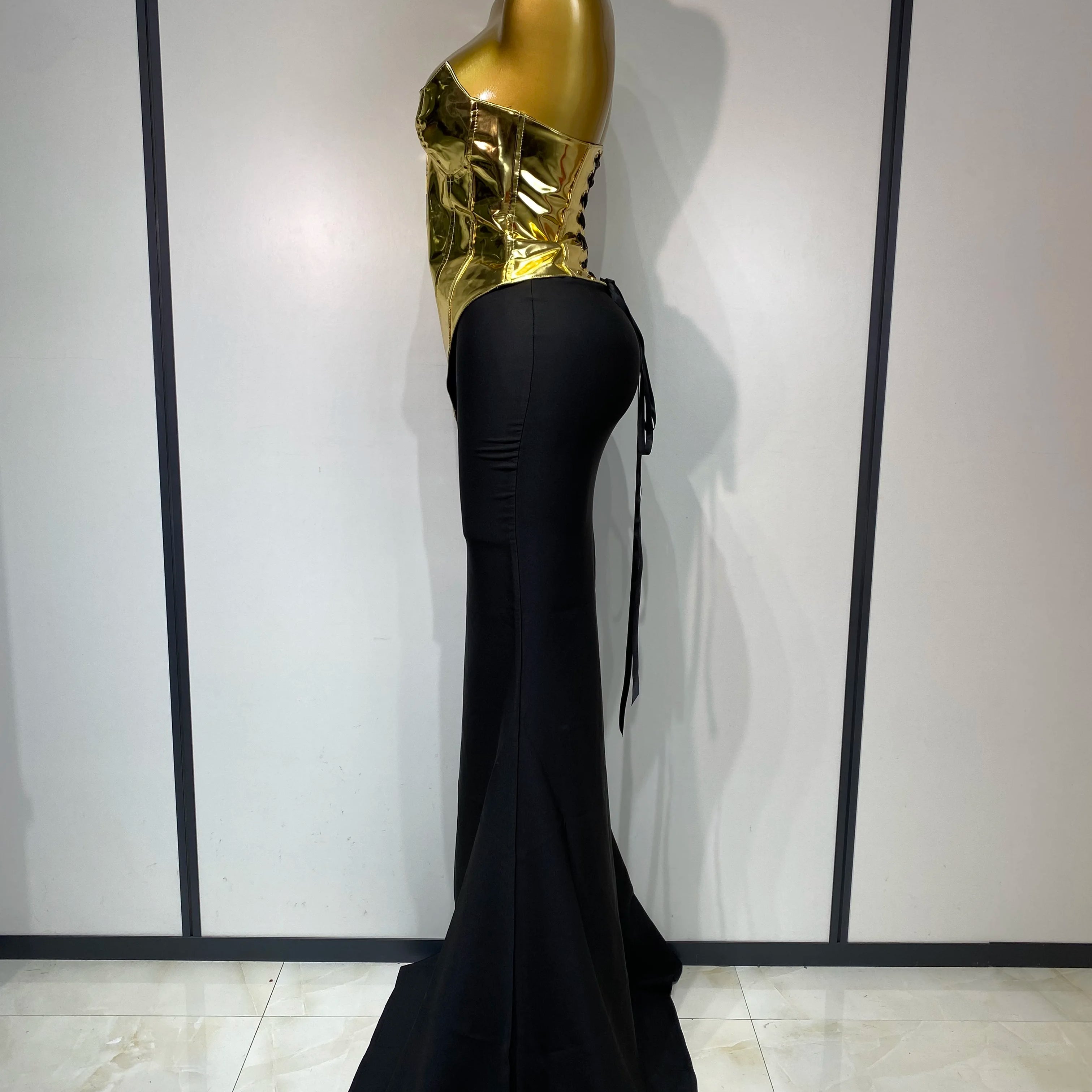 High Quality Women Sexy Strapless Gold Two Piece Set Celebrity Elegant Evening Party Maxi Skirt Suit Luxury Birthday Club Gown