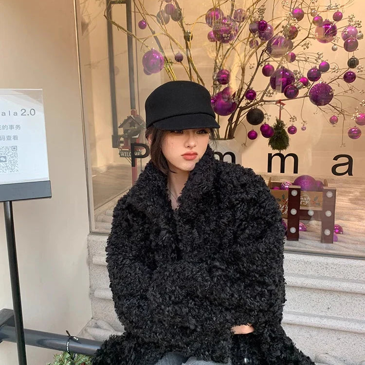 Winter Long Loose Casual Soft Thick Warm Fluffy Black Faux Fur Coat Women Stand Collar Hairy Furry Fuzzy Overcoat 2023