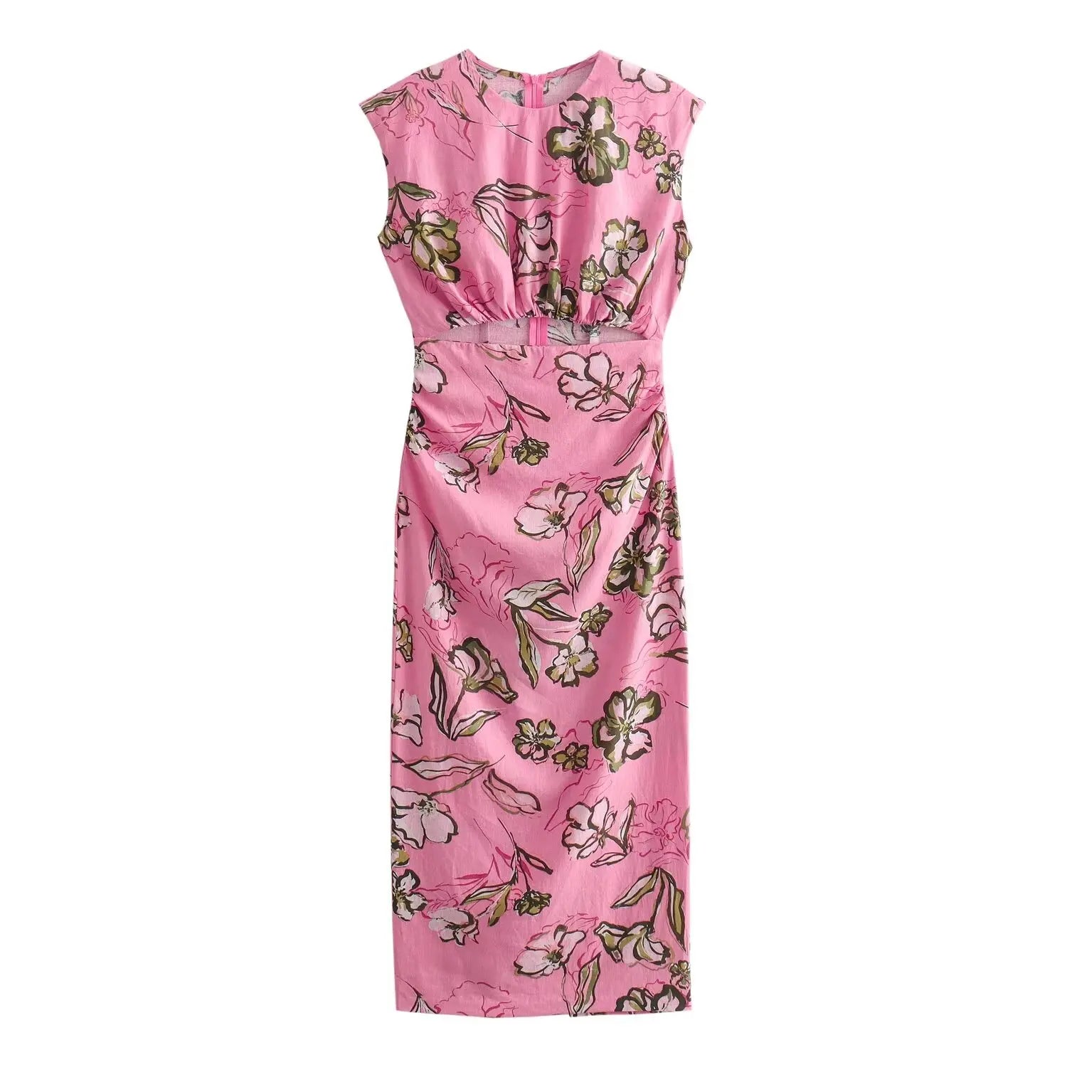 TRAFZA Women Summer Dresses Pink Print O-Neck Sleeveless Hollow Out Decorate Slit Zipper Female Fashion Bohemian Style Dress pink