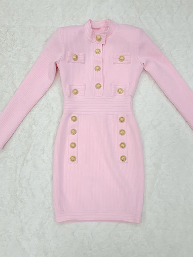 Winter Style Sexy Long Sleeve Key Hole Button Pink Mini Women Bodycon Bandage Dress Elegant Evening Club Party Dress