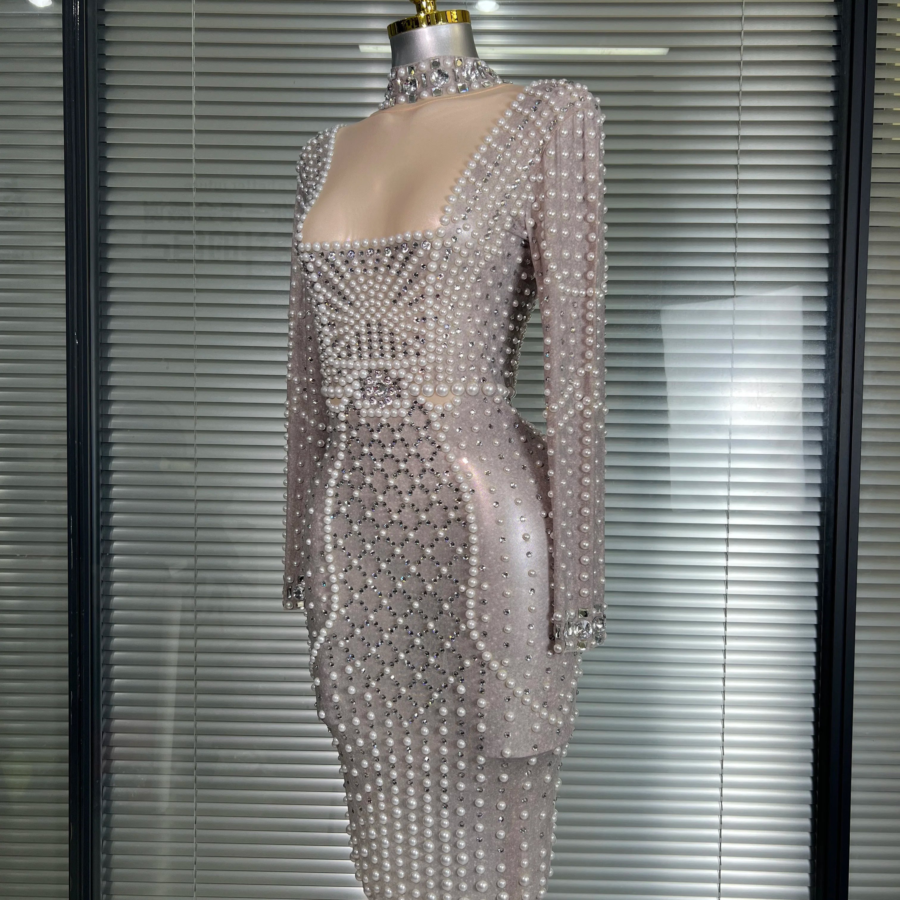 New Women Sexy Long Sleeve Stretched Mesh Sequins Party Dress See Through Party Singer Party Costume Stage Performance Dress