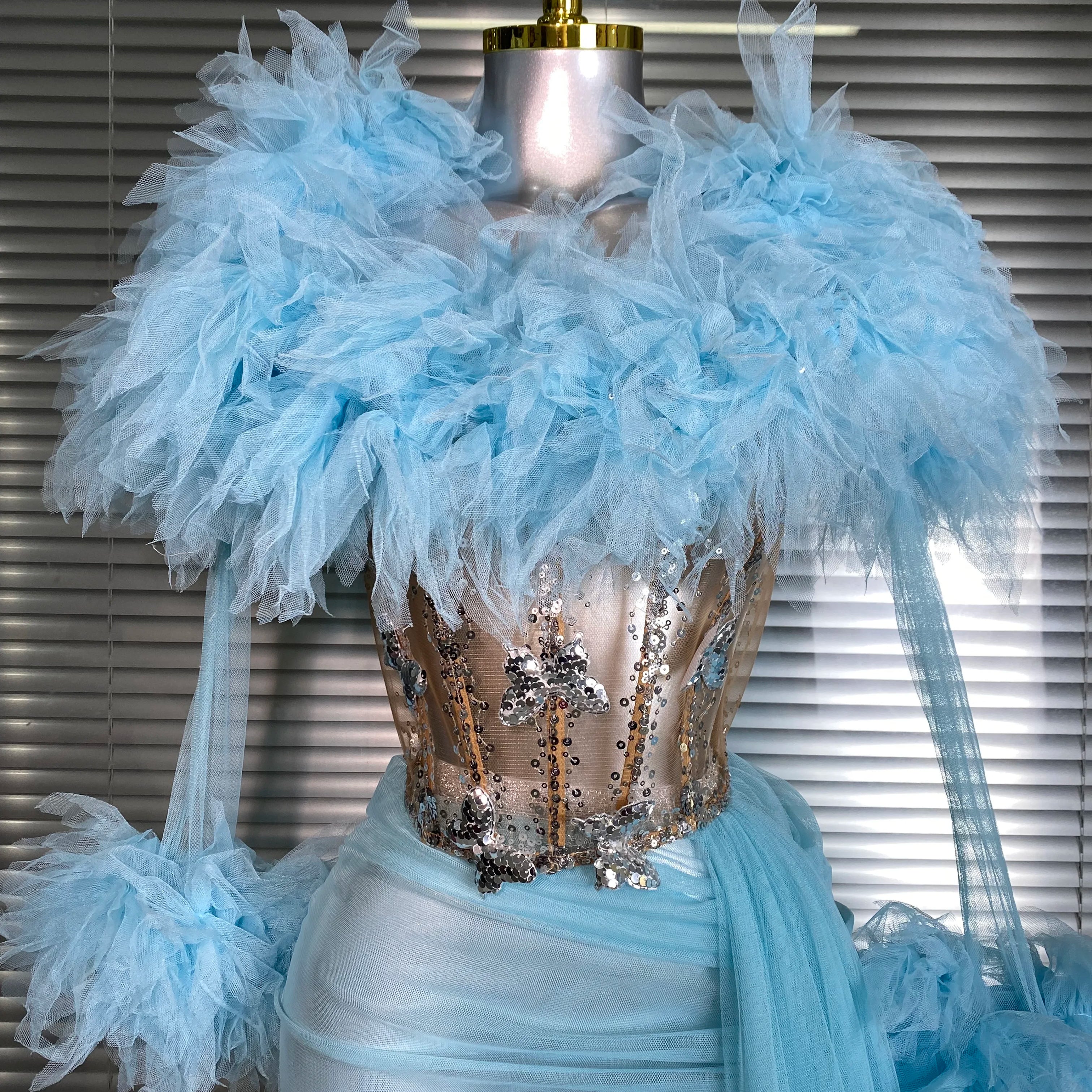 Summer New 2025 Sexy Two Pieces Set Women Celebrity Sky Blue Mesh Night Club Sheer Skirt Suits Stage Performance Costume