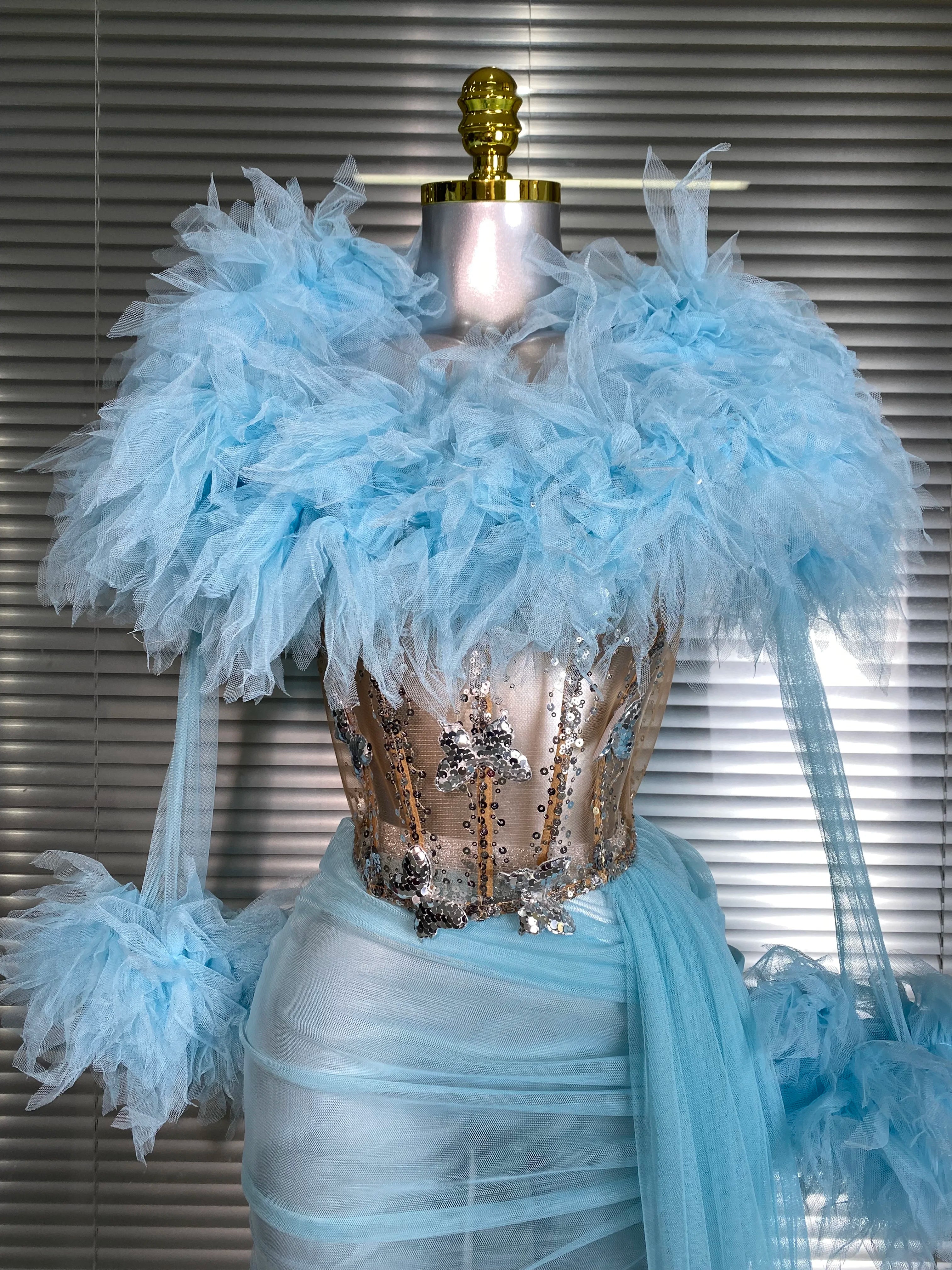 Summer New 2025 Sexy Two Pieces Set Women Celebrity Sky Blue Mesh Night Club Sheer Skirt Suits Stage Performance Costume