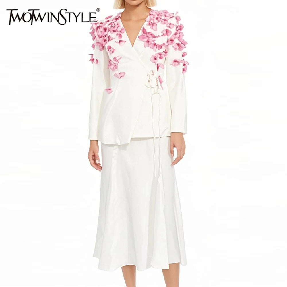 TWOTWINSTYLE Spliced Petal Two Piece Sets for Women V Neck Long Sleeve Patchwork Lace Up Top High Wasit Skirt Elegant Set Female