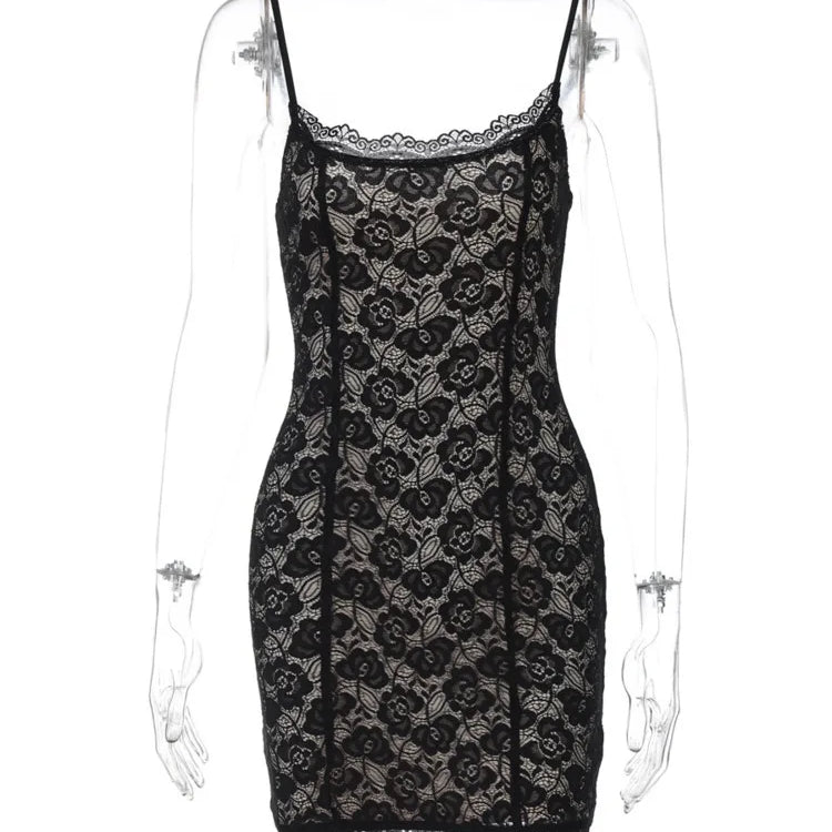 Vestido curto sexy de renda com alças finas para mulheres, robe fashion, ombro de fora, sem mangas, costas nuas, estampa floral, vestido skinny