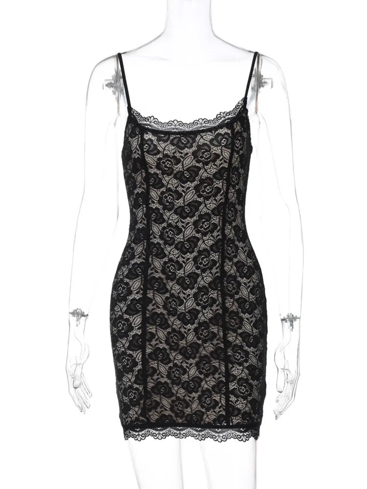 Vestido curto sexy de renda com alças finas para mulheres, robe fashion, ombro de fora, sem mangas, costas nuas, estampa floral, vestido skinny