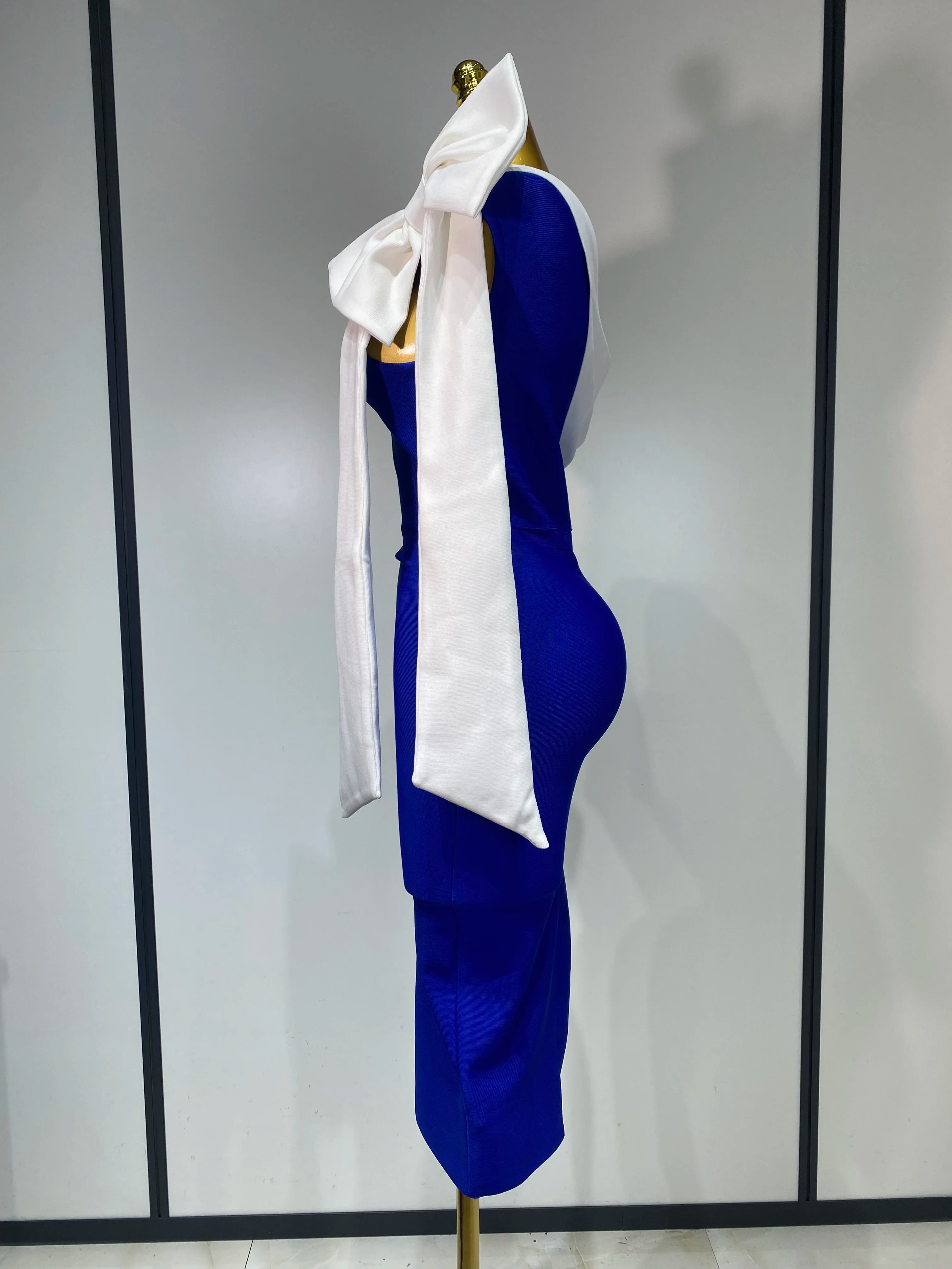 Women Sexy One Shoulder Splicing Bow Bodycon Bandaged Dress Celebrity Elegant Evening Party Luxury Birthday Banquet Dress