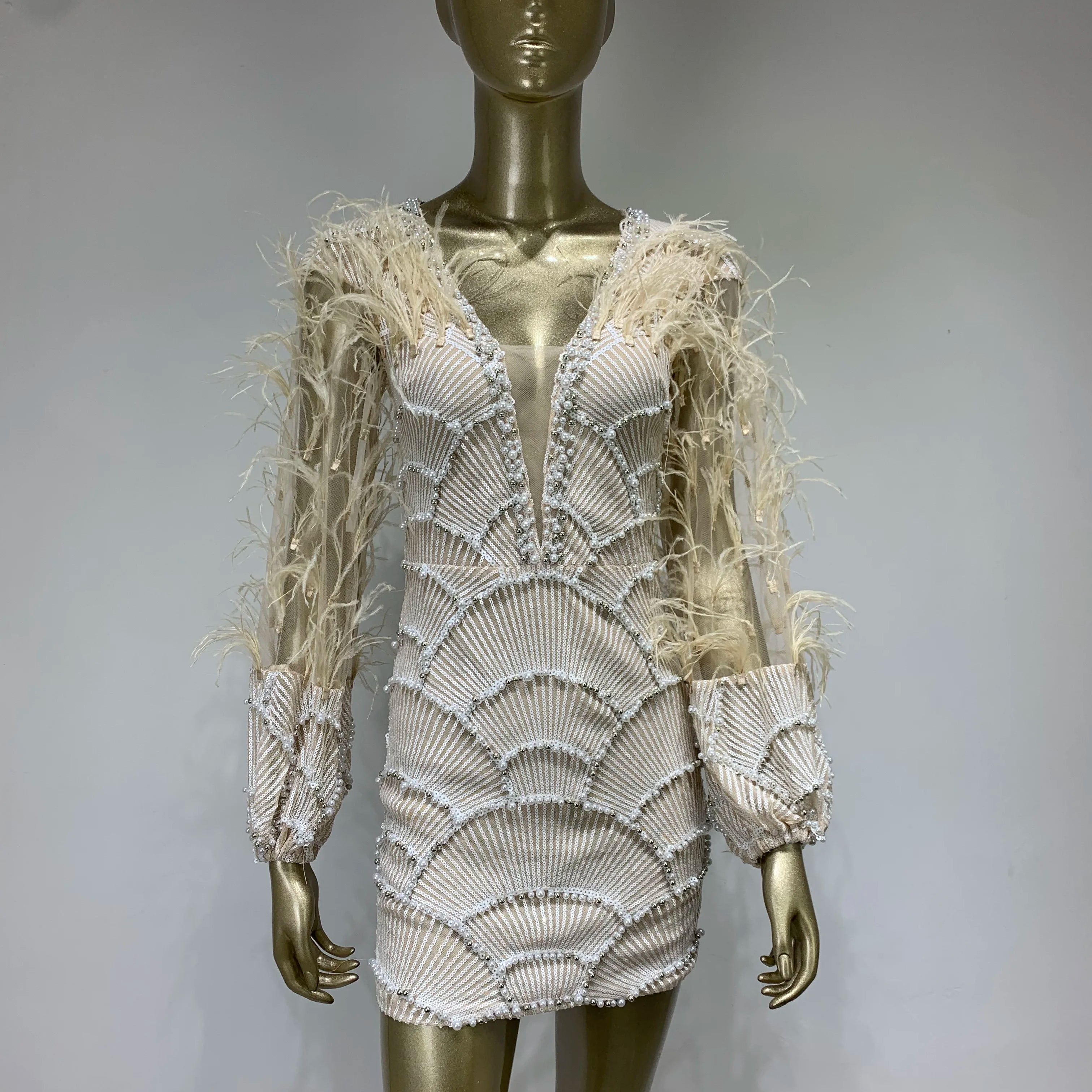 Women Summer Sexy Long Sleeve Beige Sequins Mesh Pearl Feather Mini Bodycon Gowns Dress 2023 Elegant Evening Party Club Dress