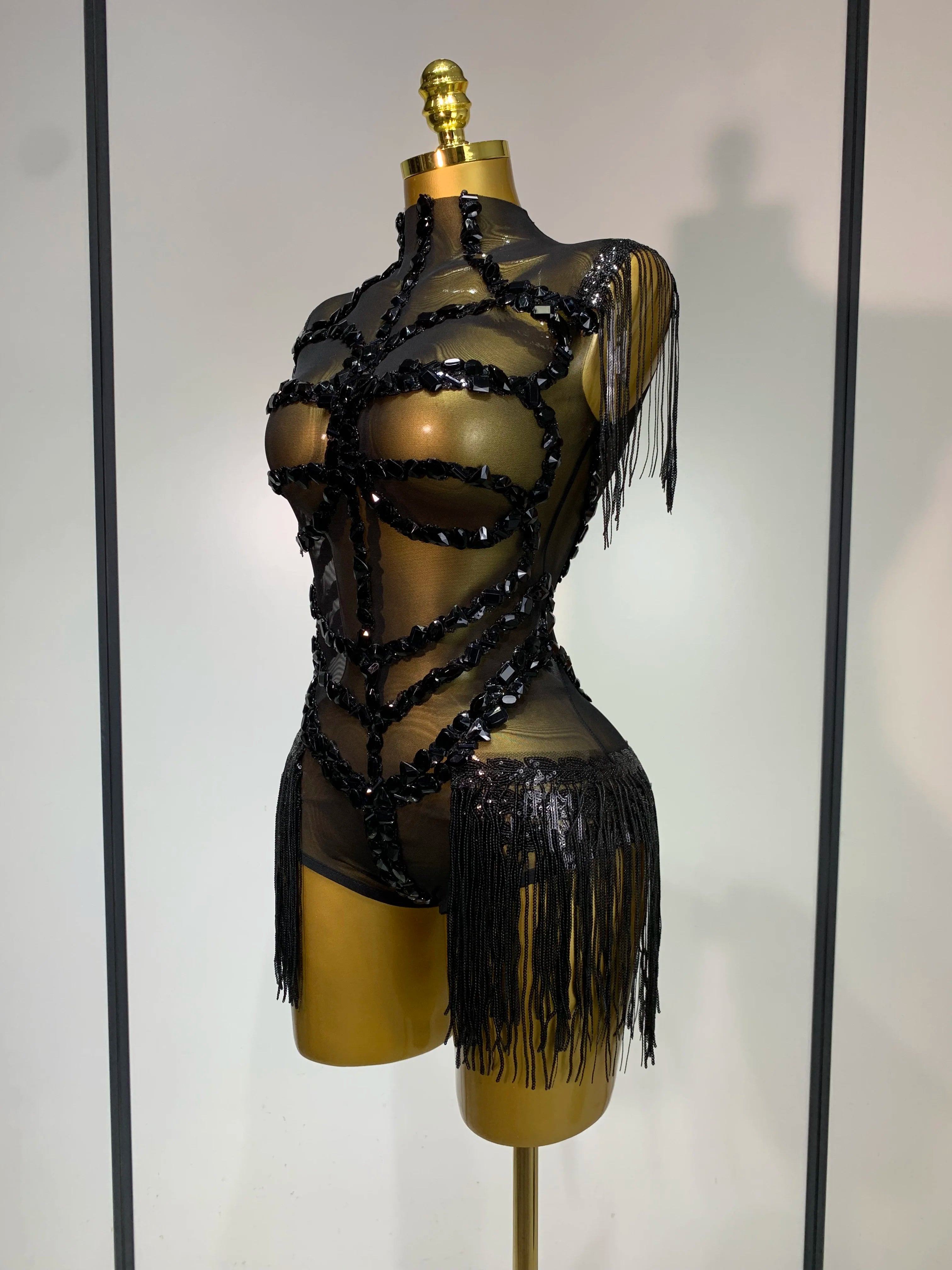 Sexy Mesh SeeThrough Black Rhinestone Bodysuit Singer Dancer Show Stage Outfit Celebrate Birthday party Club Performance Waer