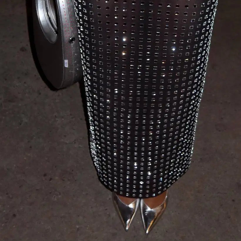 New Arrival Shining Square Diamonds Sexy Mesh See Through Black Long Skirt Fashion Woman High Street Wear Evening Party Outfit