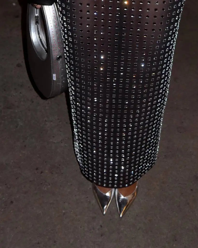 New Arrival Shining Square Diamonds Sexy Mesh See Through Black Long Skirt Fashion Woman High Street Wear Evening Party Outfit