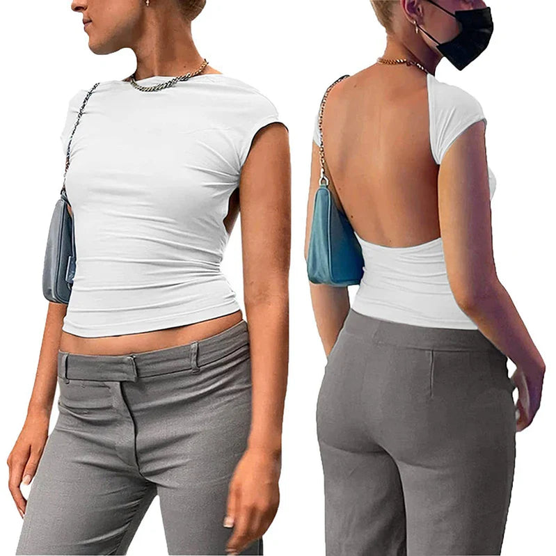 Black Backless T-shirts Women Sexy Short Sleeve Solid O-Neck Fashion Summer New Tees Clubwear Casual Streetwear Slim Crop Top White