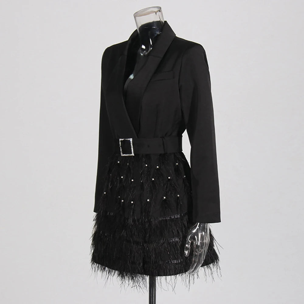 TWOTWINSTYLE Solid Spliced Bead Fashion Mini Dresses for Women Lapel Long Sleeves Patchwork Button Elegant Dress Female Clothing