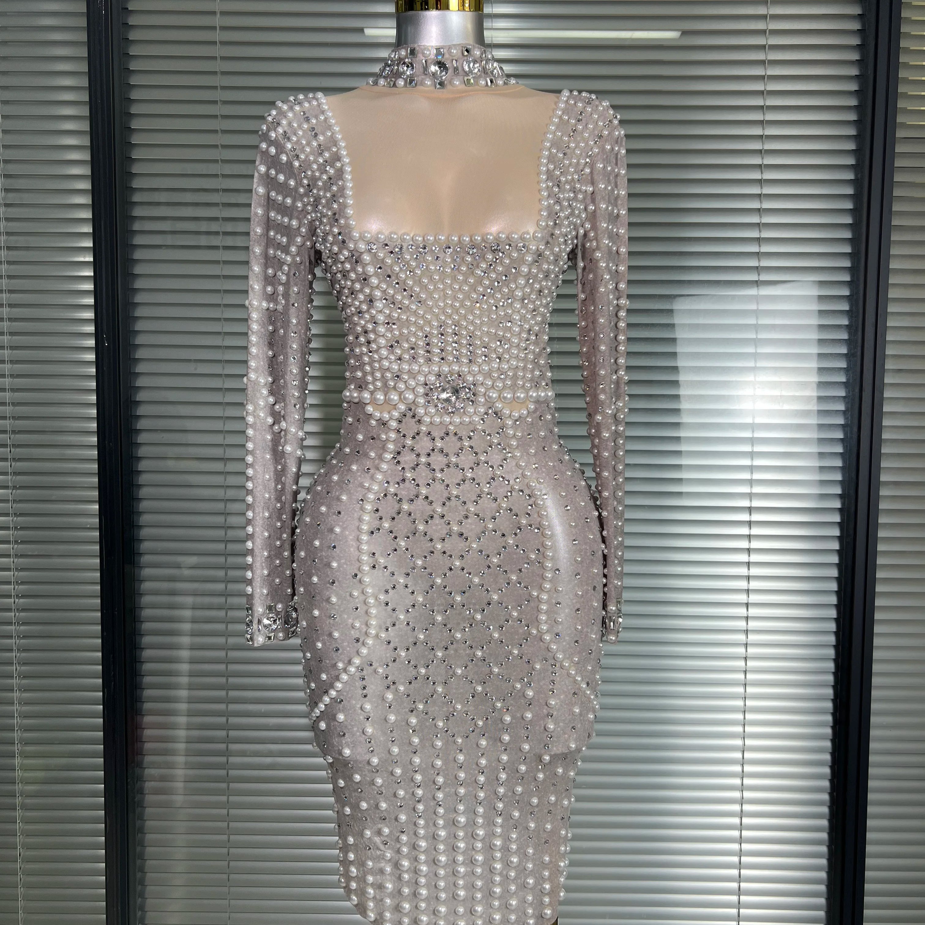 New Women Sexy Long Sleeve Stretched Mesh Sequins Party Dress See Through Party Singer Party Costume Stage Performance Dress