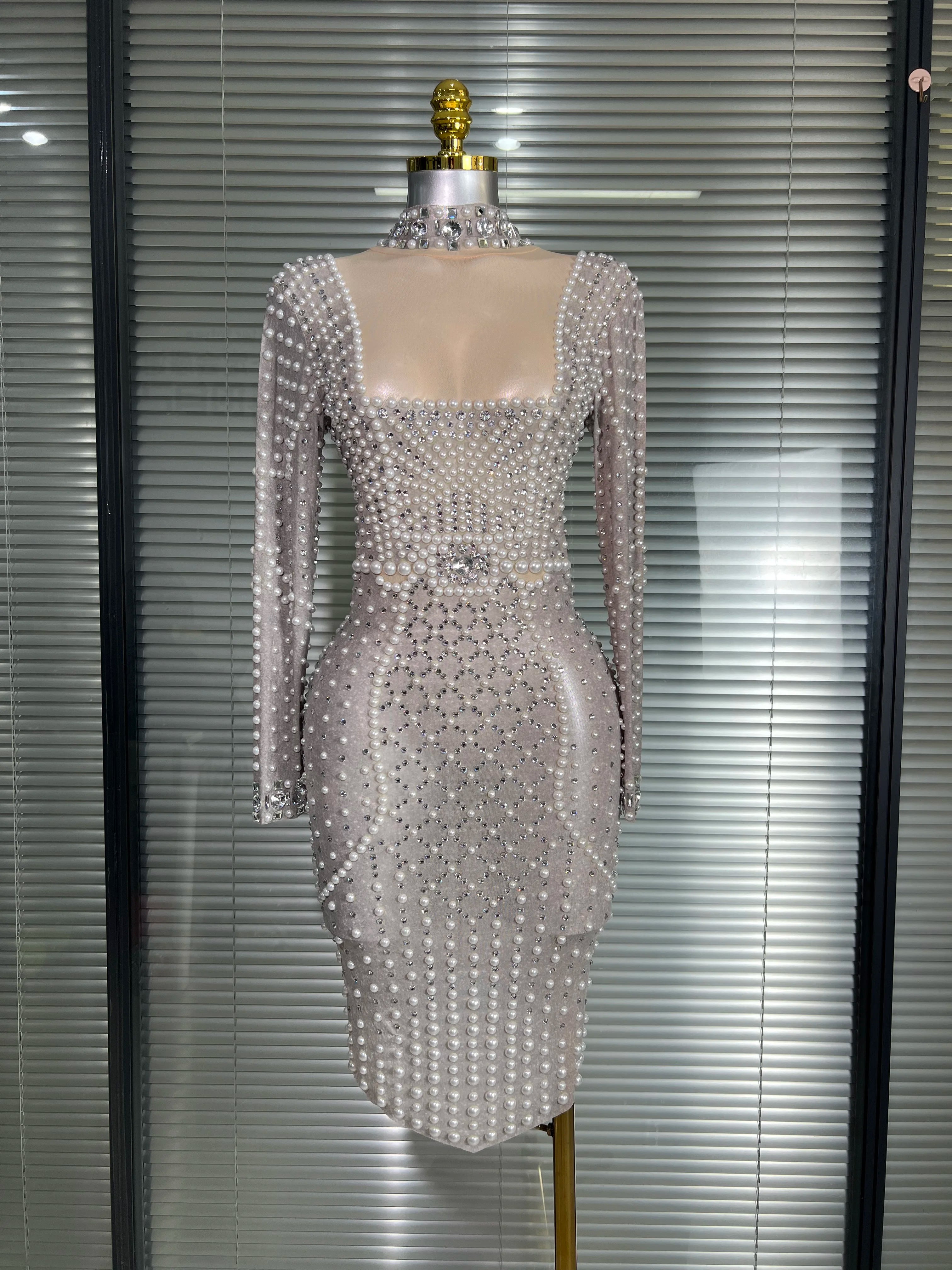 New Women Sexy Long Sleeve Stretched Mesh Sequins Party Dress See Through Party Singer Party Costume Stage Performance Dress