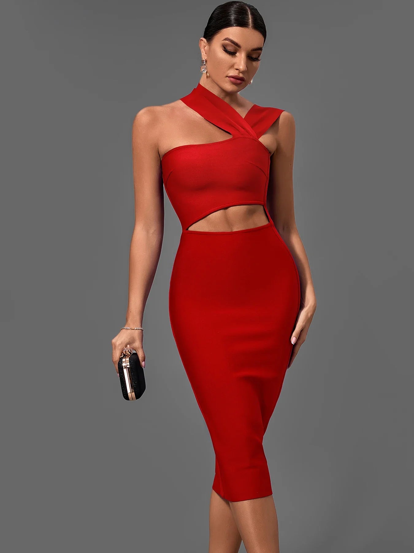 Black Bandage Dress Women Midi Party Dress Bodycon Elegant Halter Neck Sexy Cut Out Birthday Evening Club Outfits Summer Red