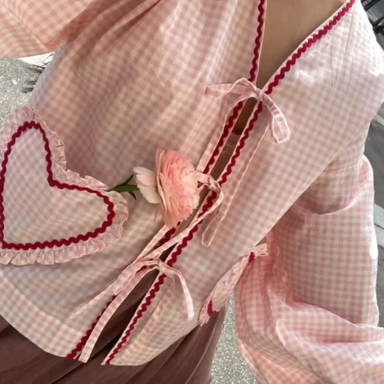 Women Heart Pocket Plaid Shirt Pants Set Casual Lantern Sleeve Lace Up Blouse 2 Piece Sets Summer Loose Drawstring Pants Set