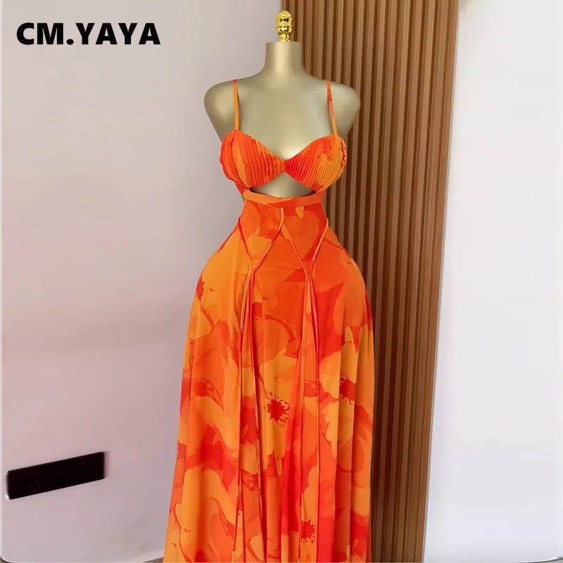 CM.YAYA Women Floral Printed Strap Backless Bra Front Big Swing Maxi Long Dress 2025 Vintage Sexy Club Party Evening Dresses