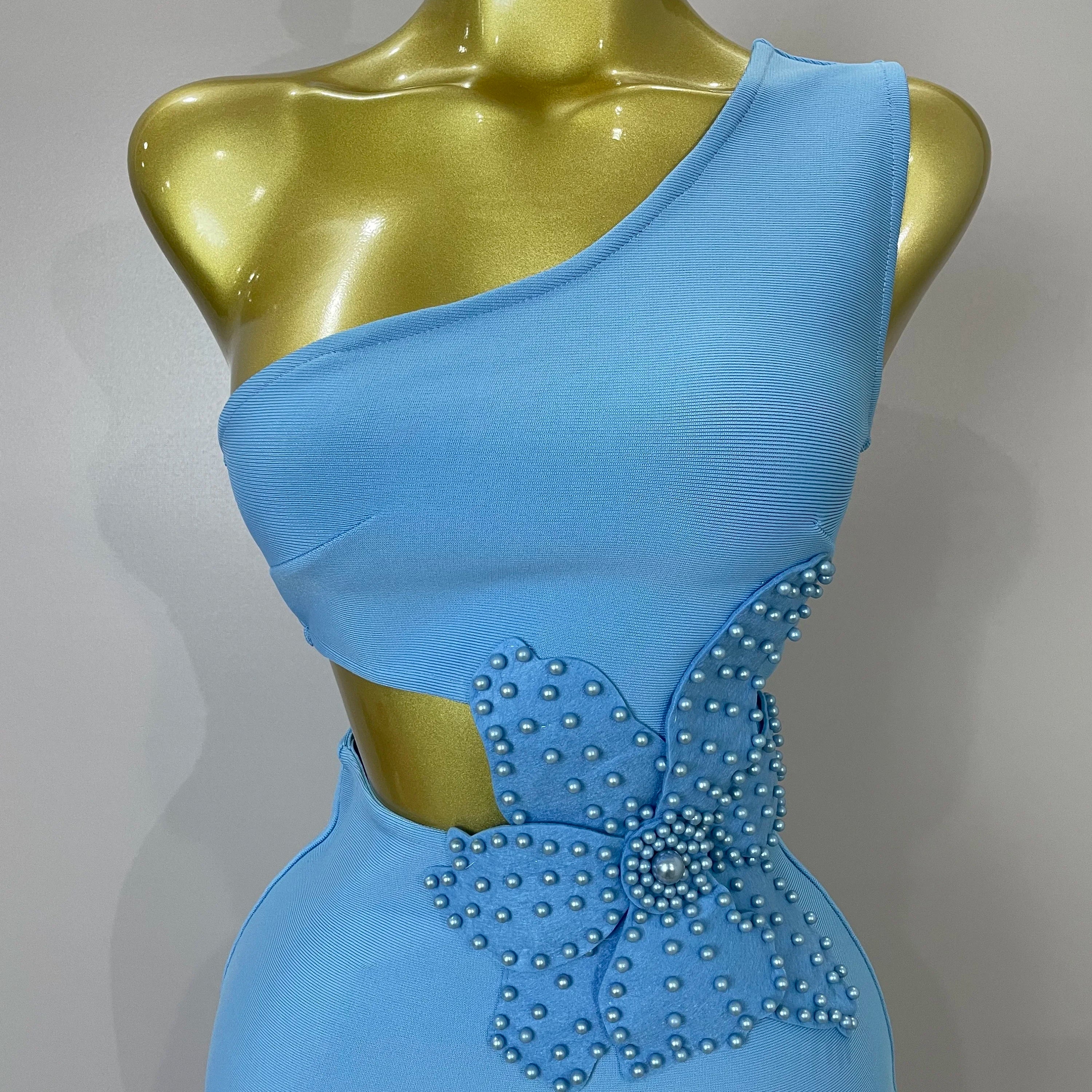 Luxury Sexy One Shoulder Pearl Sky Blue Bodycon Bandage Dress 2025 Women Celebrity Elegant Evening Club Birthday Party Outfit