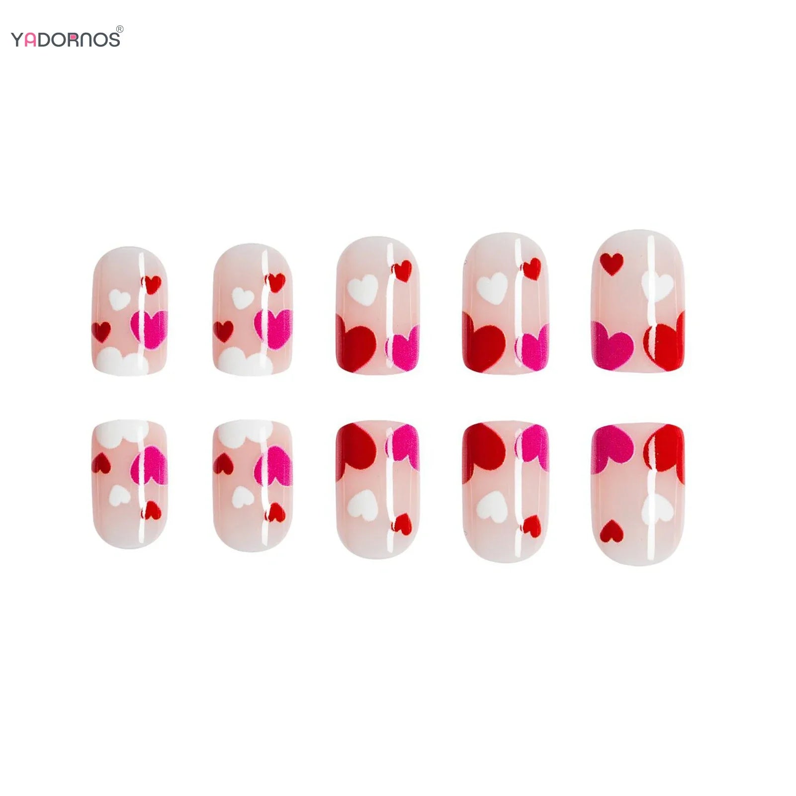 Retro Short Almond Fake Nails 24Pcs Red/White Press On Nails Love Heart/Flower/Butterfly Printed Women Valentine's Day Nails Art
