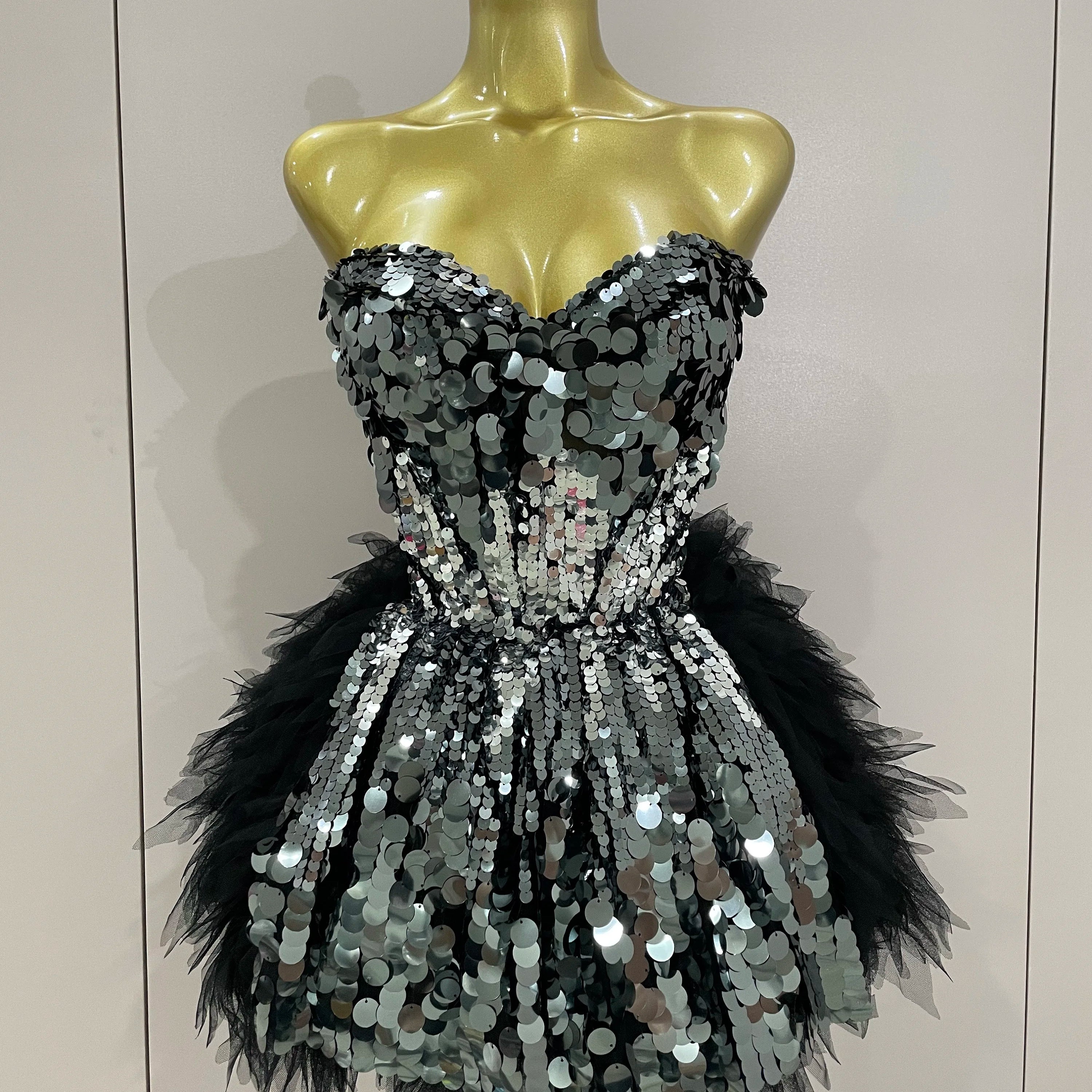 Sparkly Black Sequins Two Pieces Set 2025 Women Party Evening Prom Celebrate Birthday Dress Nightclub Photo Shoot Stage Costume