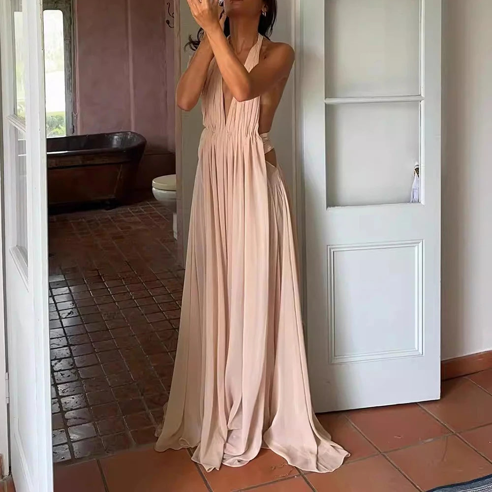 TWOTWINSTYLE Solid Sheer Sexy Dresses for Women V Neck Sleeveless Nackless Patchwork Folds Temperament Dress Female Clothing New