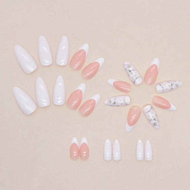 24pcs White French Gold Messy Lines Press on Nails Almond Simple Pink Fake Nails Full Cover Wearable False Nails