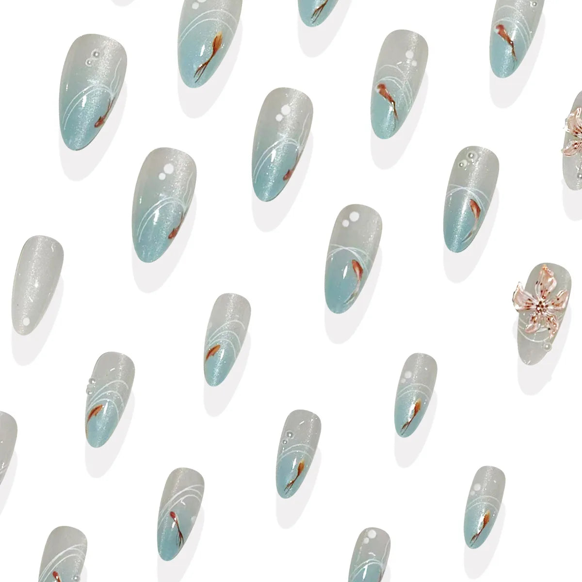 24pcs 3D Carved Petal Decor False Nails Gradient Blue Almond Fake Nails Tips Wearable Detachable Spice Girl Press on Nails