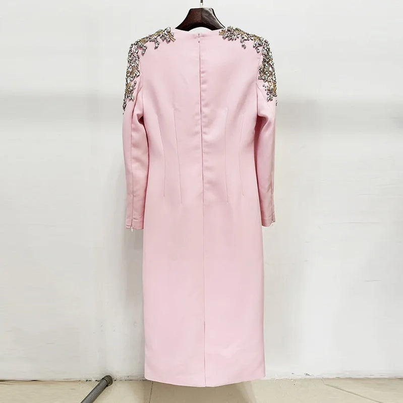 TWOTWINSTYLE Solid Slimming Elegant Dresses for Women Round Neck Long Sleeves Patchwork Bead Temperament Dress Female Clothing