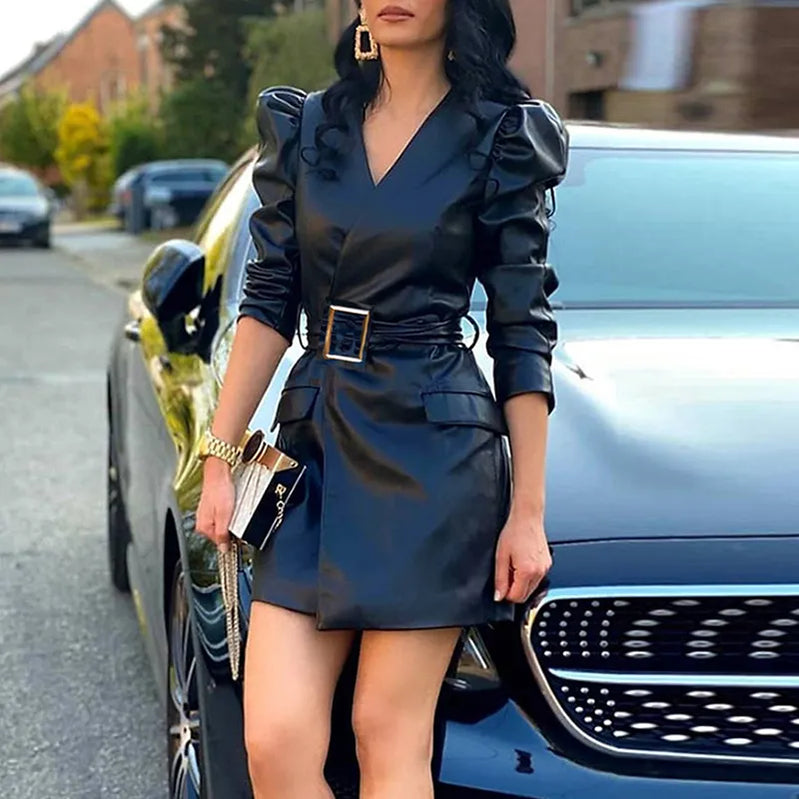 Autumn Winter Lady Fashion PU Leather Short Dress New Solid Color Casual Long Sleeves Mid Waist Elegant Belt Slim Party Dresses Black