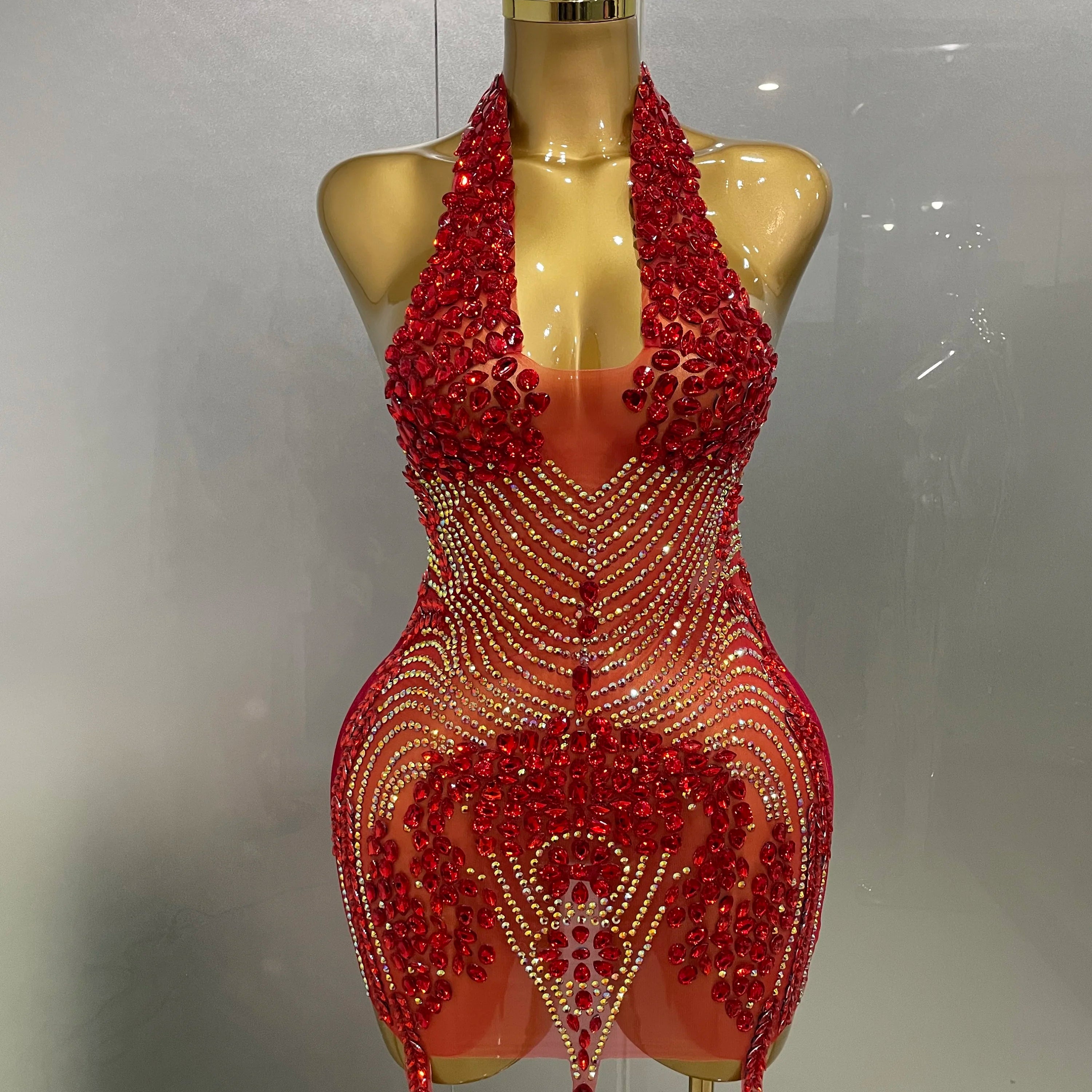 Sexy Red Sparkly Rhinestones Halter Backless Velour Short Dress 2025 New Women Evening Prom Celebrate Birthday Party Stage Wear