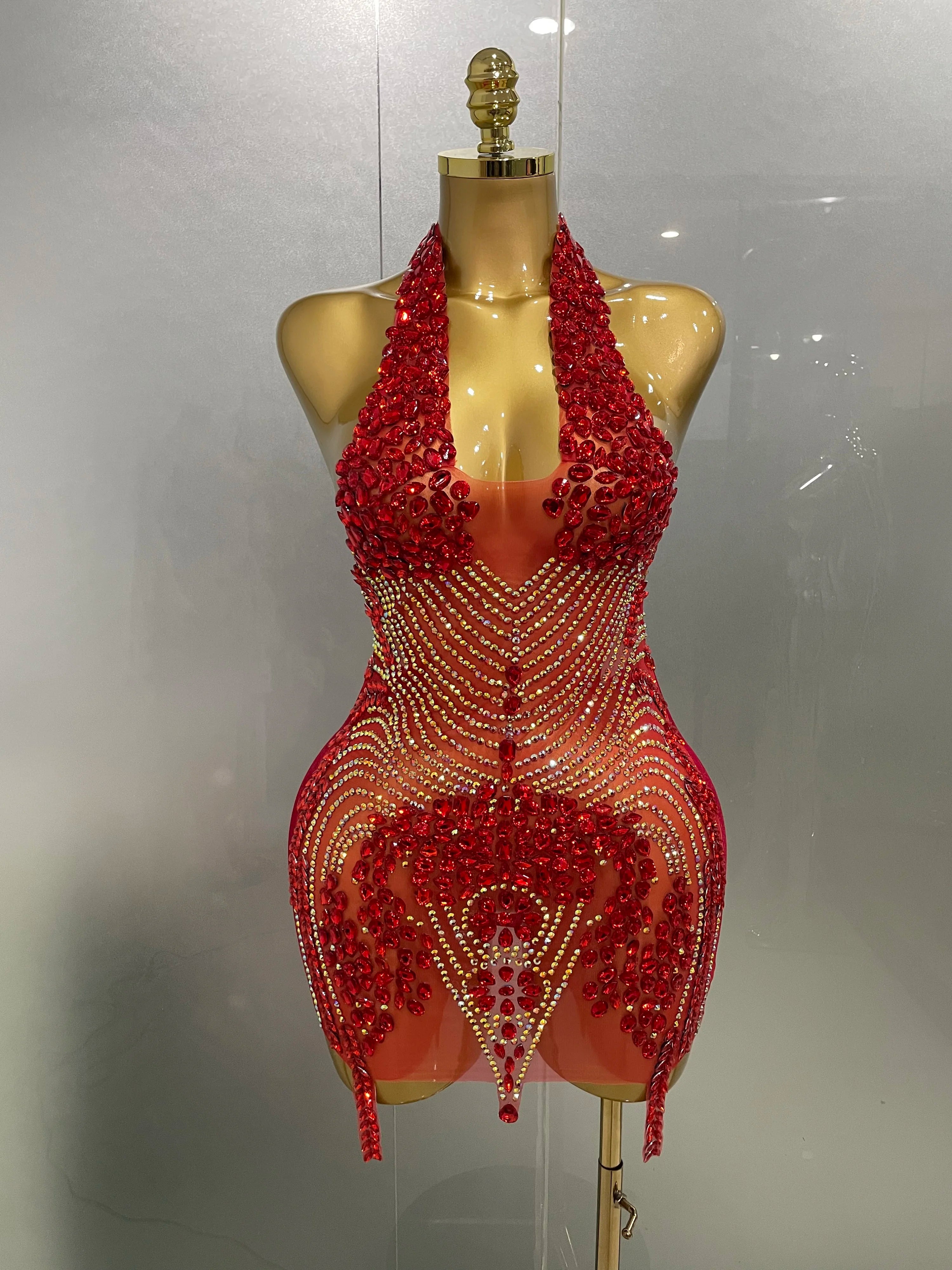 Sexy Red Sparkly Rhinestones Halter Backless Velour Short Dress 2025 New Women Evening Prom Celebrate Birthday Party Stage Wear