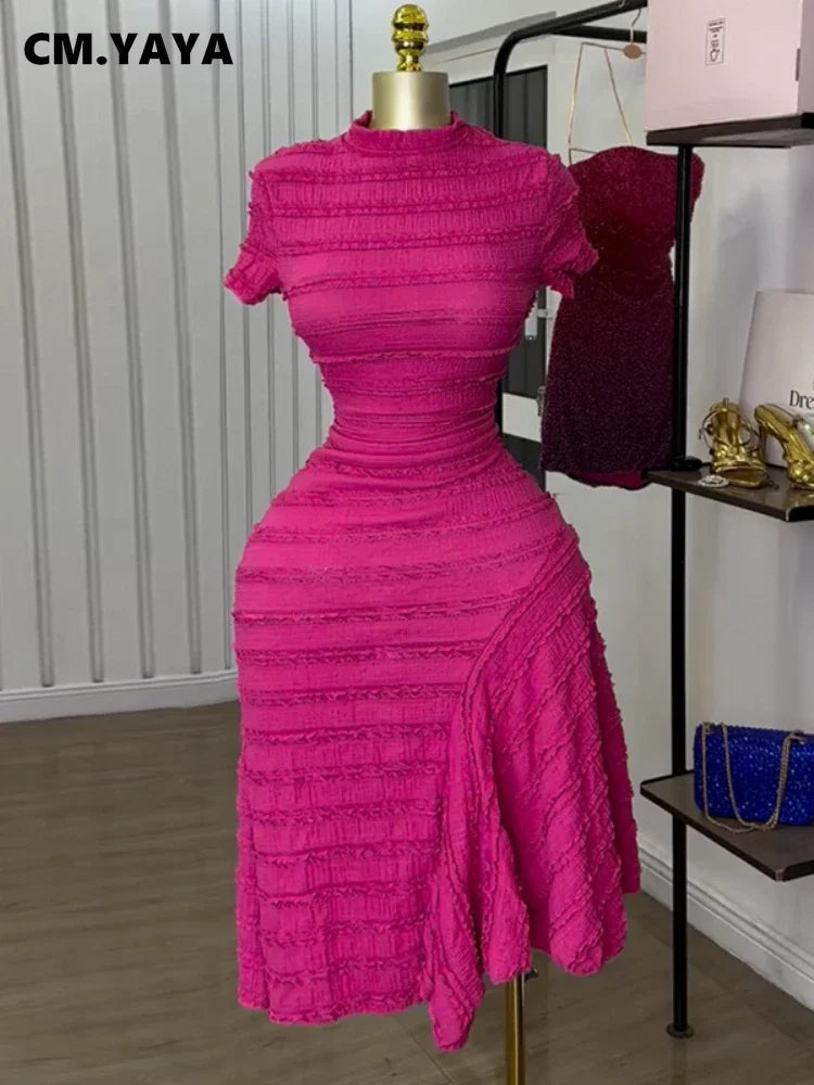 CM.YAYA Women Short Sleeve O-neck Big Swing Elastic Dress 2025 Sweet Elegant Sexy Birthday Beach Night Party Vestidos Dresses