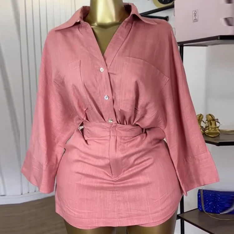 CM.YAYA Fashion Women's Set Full Sleeve Turn-down Collar T-shirt and Skirts Shorts 2025 Chic Two 2 Piece Sets Outfit Tracksuits