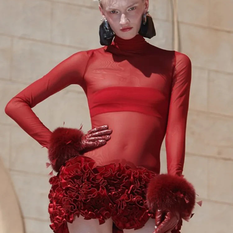 Christmas Women Sexy Mesh See Through Bodycon Mini Bandage Dress Florals Nightclub Party Bar Singer Performance Costume