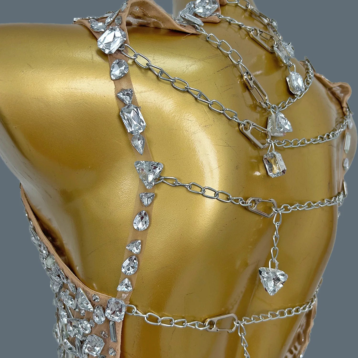 High-end Sparkly Crystals Backless Crop Tops Mini Skirt 2Pieces Set Sexy Women See Through Mesh Festival Party Outfit Shihualuo